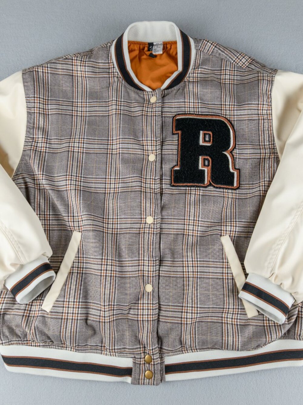 H&M XL Plaid Varsity Jacket Cream Faux Leather Sleeves Chenille R Bomber